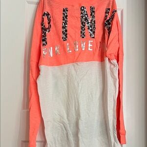 PINK Victoria's Secret Coral Pink and White Sequin Logo Long Sleeve Top